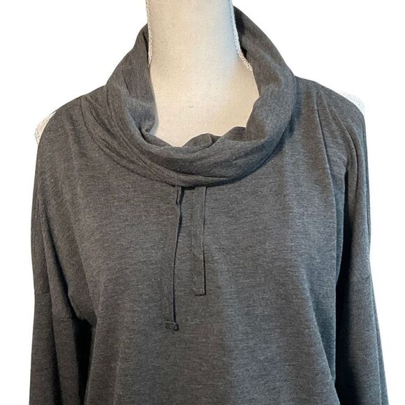 HARMONY BALANCE Cold Shoulder Cowl Neck Long Sleeve Top, Charcoal, Size L - Picture 2 of 7
